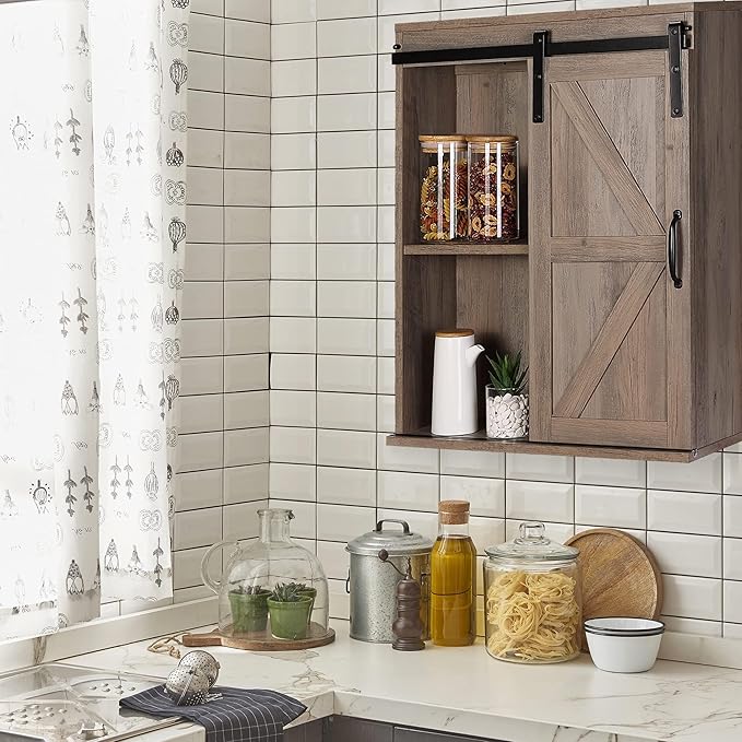 RUSTOWN Farmhouse Wood Wall Storage Bathroom Cabinet with Sliding Barn Door, Rustic Medicine Cabinet with Adjustable Shelf, 3-Tier Vintage Cabinet for Kitchen, Bathroom, Living Room (Washed Oak)