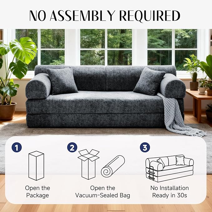 78.8" Convertible Sofa Bed with Detachable Arm Pillow, 6-in-1 Sectional Couches for Living Room, Corduroy Boneless Couch, Sleeper Loveseat Couch Bed, No Assembly, Speckled Black Couch