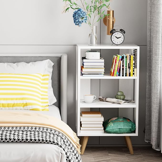 Aenuert Night Stand, White Nightstand, Modern End Table with Open Storage, 3-Tier Wooden Bedside Table for Small Space, Living Room, Bedroom