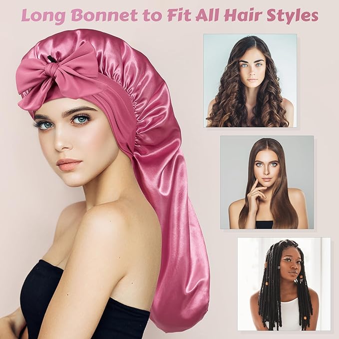 ROYBENS ロングボンネット サテンヘアーシルクボンネット 就寝用 女性用、タイバンド付きシルキーボンネット 女性用、三つ編み用スリープキャップ くせ毛用