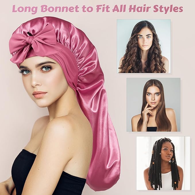 ROYBENS ロングボンネット サテンヘアーシルクボンネット 就寝用 女性用、タイバンド付きシルキーボンネット 女性用、三つ編み用スリープキャップ くせ毛用