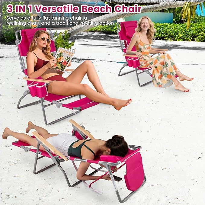 Goplus 3-in-1 Foldable Beach Chair, Lay-Flat Tanning Chair with Face and Arm Holes, Footrest, 330 lbs Heavy-Duty Portable Reclining Lounge Chairs for Outside, Camping, Patio, Poolside, Lawn (2,Red)