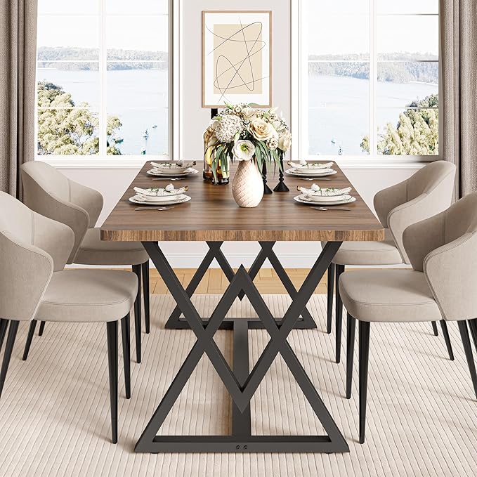IRONCK 63" Dining Table for 4-6, Modern Rectangular Kitchen Table with Sturdy Metal Frame & Geometric Legs for Dining Room, Easy Clean-Brown
