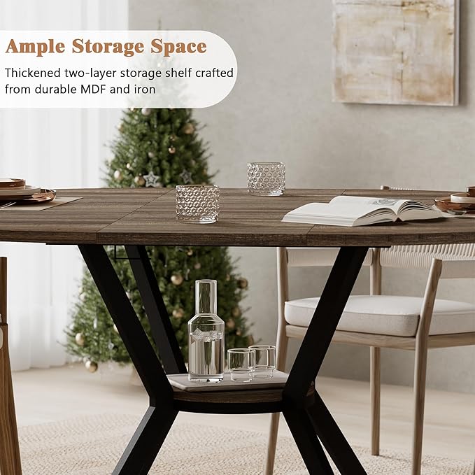 42"-58" Extendable Round Dining Table for 4-6, Kitchen Oval Table with Hidden Leaves & Storage Shelf, Space Saving Modern Design with Sturdy Metal Legs for Kitchen, Dining Room & Small Apartments