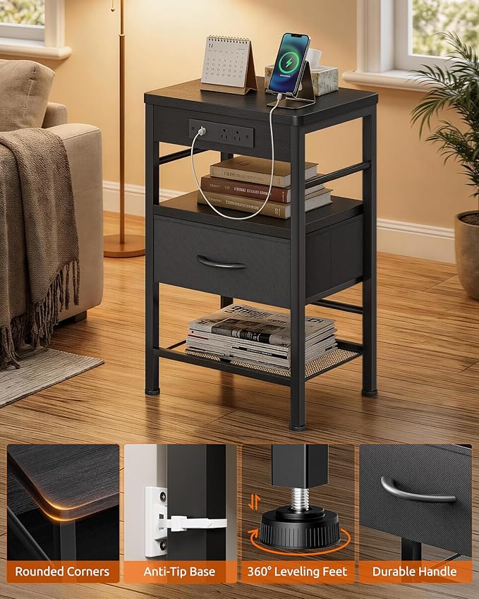 Lazzanto Nightstands Set of 2 with Charging Station, Bedside Tables with Open Shelf & Hooks, End Tables with USB-C USB-A Ports AC Outlets, Night Stand for Bedroom with Fabric Drawer, Black