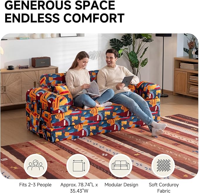 79" Convertible Boneless Couch for Small Spaces, 6-in-1 Corduroy Sofa Bed with High Backrest, Pillows, High-Density Foam Loveseat Sleeper Couch in a Box for Living Room, No Assembly, Graffiti B