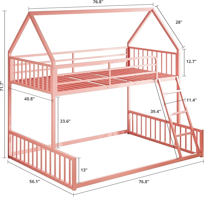 LIKIMIO Bunk Bed Twin Over Full Size, House Bunk Bed Frame with Ladder and Guardrail, House Shaped with Metal Slats Support No Box Spring Needed Space Saving for Bedroom and Dorm, Pink