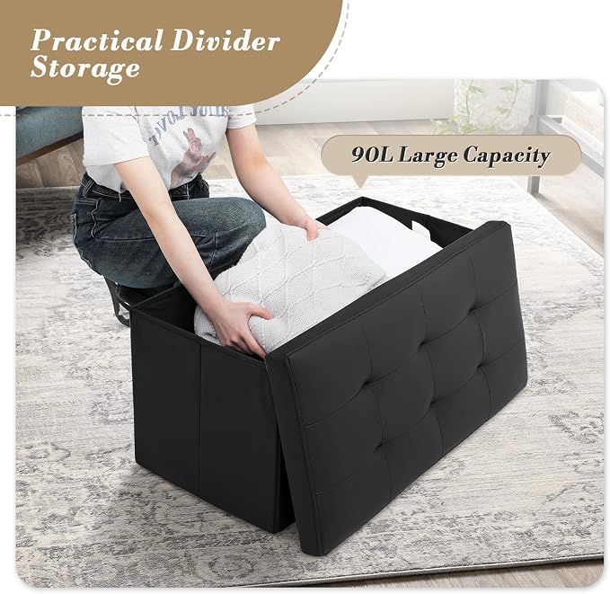 Athena Collection Leather Ottoman with Storage, 30 Inches Large Storage Ottoman Bench with 90L Storage, End of Bed Bench Foot Rest for Living Room, Bedroom, Entry, Black