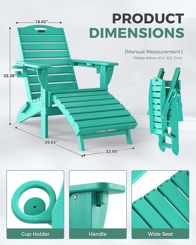 Adjustable Adirondack Chairs Set of 2 with Retractable Ottoman, HDPE Folding Adirondack Chair with Cup Holders, Weather Resistant for Backyard, Poolside & Fire Pit (Lake Blue)