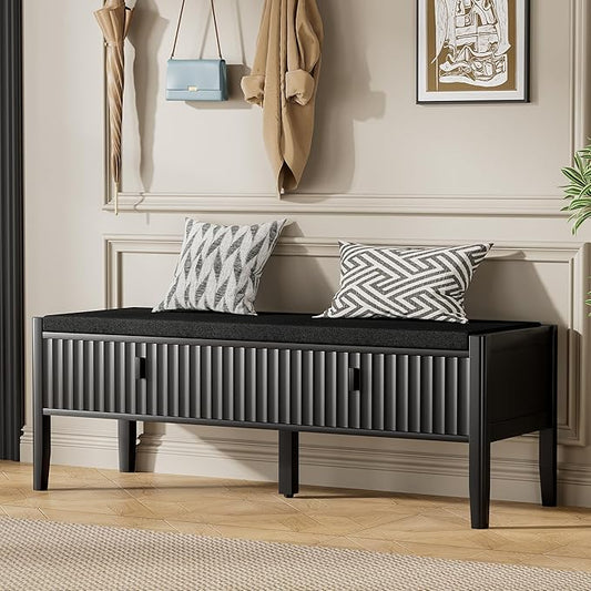 Furniway Black Fluted Shoe Bench with 2 Drawers, Entryway Storage Bench with Thick Padded Cushion Seat, Open Bottom Shoe Storage Shelf for Hallway, Living Room, Bedroom, 47.2" W