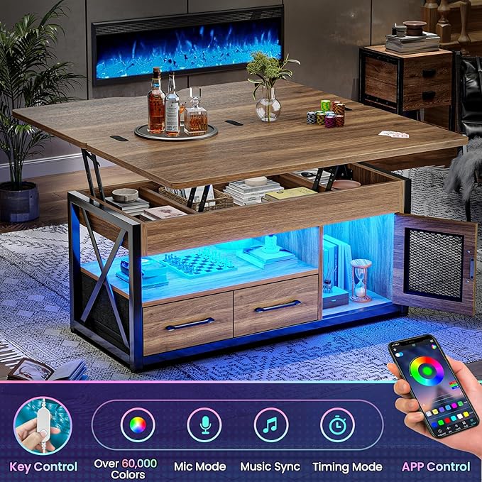 Itaar 40" Lift Top Coffee Table, 4 in 1 Coffee Tables with Storage Cabinet for Living Room, Small Farmhouse Coffee Table with 2 Fabric Drawers & LED Light for Dining Room, Walnut