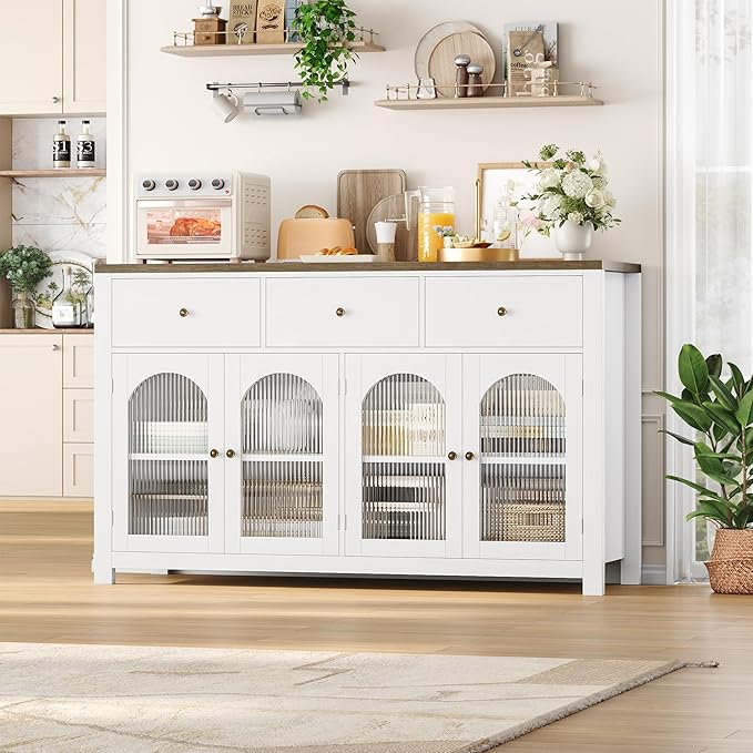 FINETONES Buffet Cabinet with Storage, 55.1" Large Sideboard Buffet Cabinet, Farmhouse Kitchen Cabinets with 3 Drawers and 4 Doors, Wood Coffee Bar for Kitchen Dining Room, White