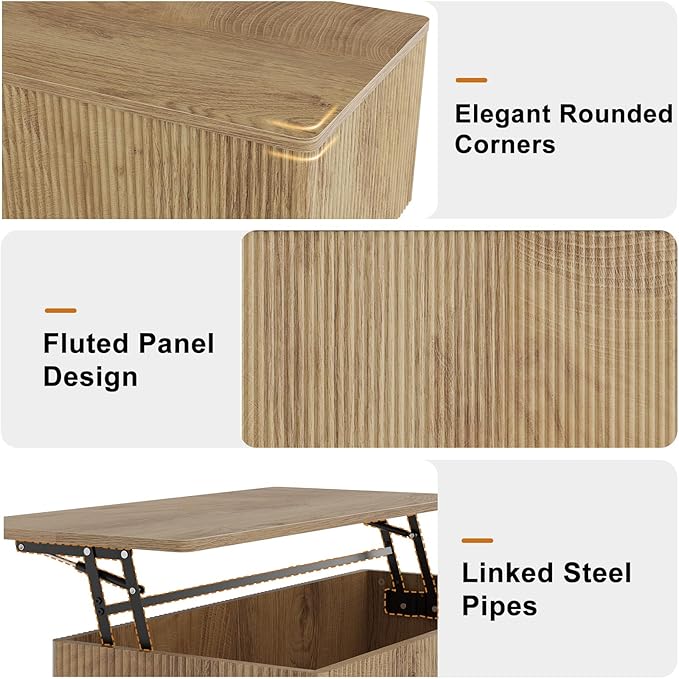 FABATO Mid Century Modern Coffee Table, Wooden Fluted Center Table with Large Hidden Compartment, 41.7” Rectangle with Round Corners, Lift Up Farmhouse Wood Table for Living Room, Home Office, Wood