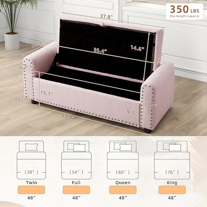 48" Ottoman with Storage, Tufted Storage Ottoman Bench, Convenient Living Room Fabrics Bench Seat, Entryway Shoe Benches with Inner Zipper & Arm, Upholstered Window Seat Ottomans with Rivets,Pink