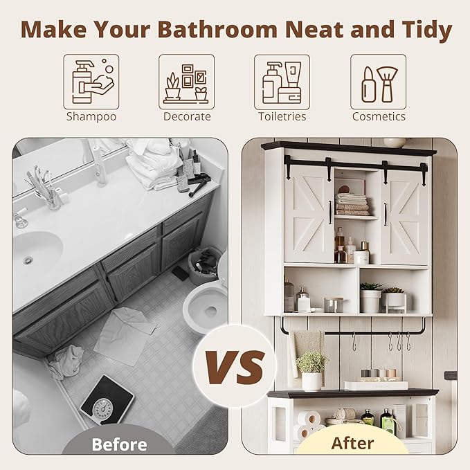 IRONCK Bathroom Wall Cabinet, Farmhouse Medicine Cabinet with Sliding Barn Door and LED Lights, Storage Cabinet Wall Mounted with Adjustable Shelves & Towel Bar for Bathroom, Kitchen, White
