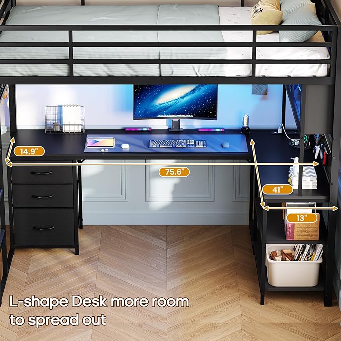 ADORNEVE Twin Size Loft Bed with L-Shaped Gaming Desk, Storage Drawers & Hutch, Expanded Safety Power Outlet, Metal Loft Bed Frame with RGB Lights, Space Saving for Teens, Black