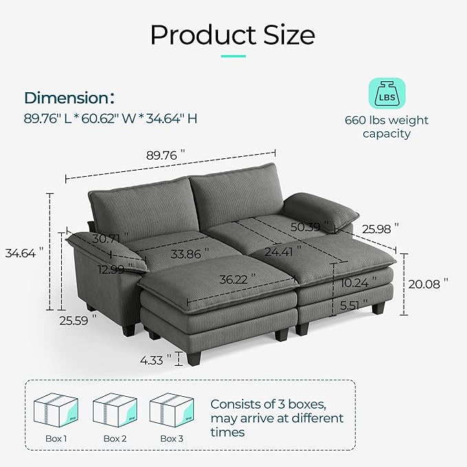 LINSY HOME 90" Modular Cloud Love Seat Sofa, Corduroy Soft Sectional Couch, Modern Comfy Love Seat with 2 Movable Ottoman, Perfect for Living Room, Apartment, Office, Grey
