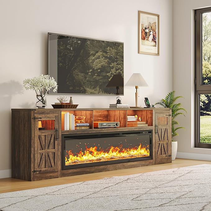 Fireplace TV Stand for 100 Inch TV, 95" Farmhouse Entertainment Center with 60" Electric Fireplace & LED Lights, Large Media Console for Living Room, Rustic Barn Doors, Power Outlets, Rustic Brown
