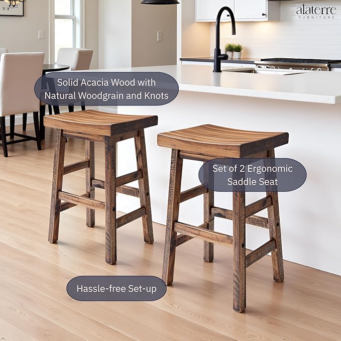 Alaterre Furniture Durango 26-Inch Industrial Wood Counter-Height Stools – Set of 2 Rustic Saddle Seat Bar Stools - Vintage Style with Light or Dark Lacquer Finish for Kitchen Island or Home Bar