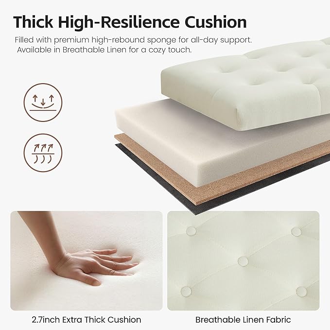 43.5" Upholstered Bedroom Bench, Linen Entryway Bench with Solid Wood Legs, End of Bed Bench with Cushion, Tufted Button Dining Bench for Living Room, Bedroom, Hallway, Beige