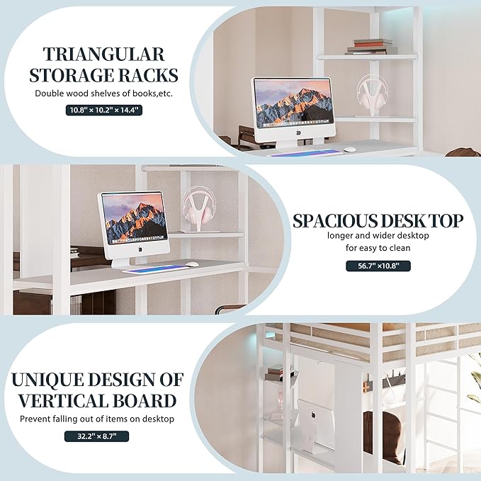 SUNLEI Loft Bed Full Size with Desk and Safety Guard Rail, Full Size Metal Bed Frame with Double Layer Shelves for Storage, 2 Security Ladders No Box Spring Needed, Snowy White