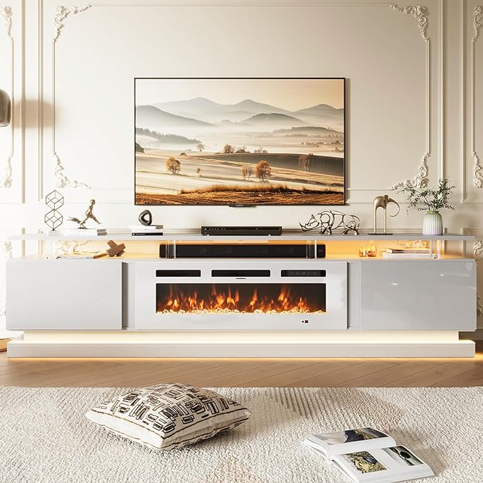 80" Fireplace TV Stand, Modern Entertainment Center for TVs Up to 90", TV Console with Storage Cabinets, Media Console for Living Room, White TV Stand and Black Fireplace