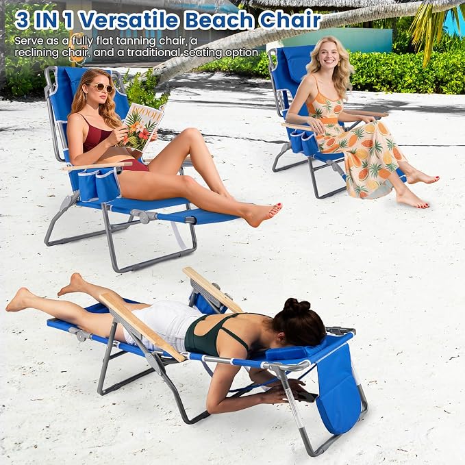Goplus 3-in-1 Foldable Beach Chair, Lay-Flat Tanning Chair with Face and Arm Holes, Footrest, 330 lbs Heavy-Duty Portable Reclining Lounge Chairs for Outside, Camping, Patio, Poolside, Lawn (2,Navy)
