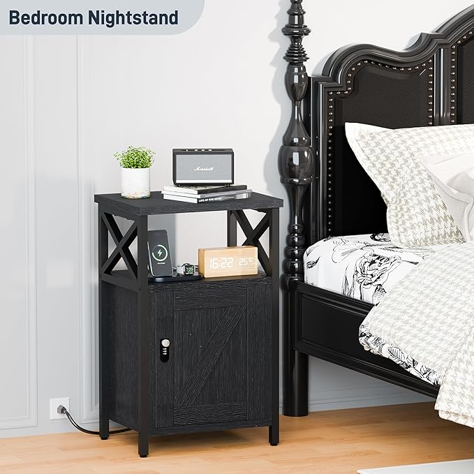 runjuly Wooden Nightstand with Charging Station, Bed Side Table with Drawers, Bedside Table with Lock, 3 USB & 2 Outlets, Night Stand with Cabinet Storage, End Table for Bedroom, Black
