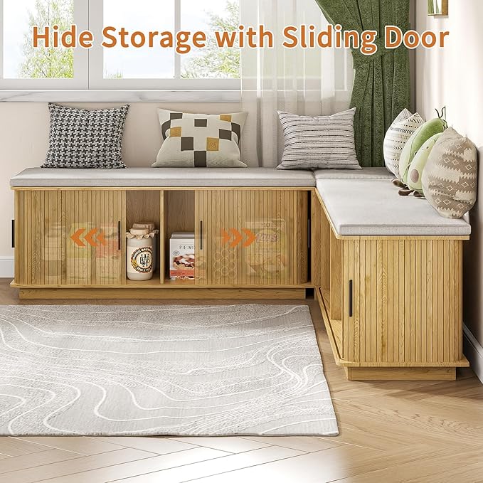 L-Shape Storage Bench with Cushion, Wood Corner Dining Bench, Kitchen Breakfast Nook Bench with Hidden Storage for Dining Room, Kitchen, Entryway, Cloakroom