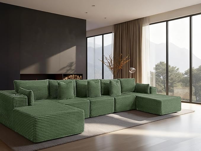168" Cloud Sectional Couch, Comfort U Shaped Sofa for Living Room, Extra Deep Seats No Assembly, Minimalist Modular Couch, Corduroy (Olive Green, 7 Seats,U-Shape C)
