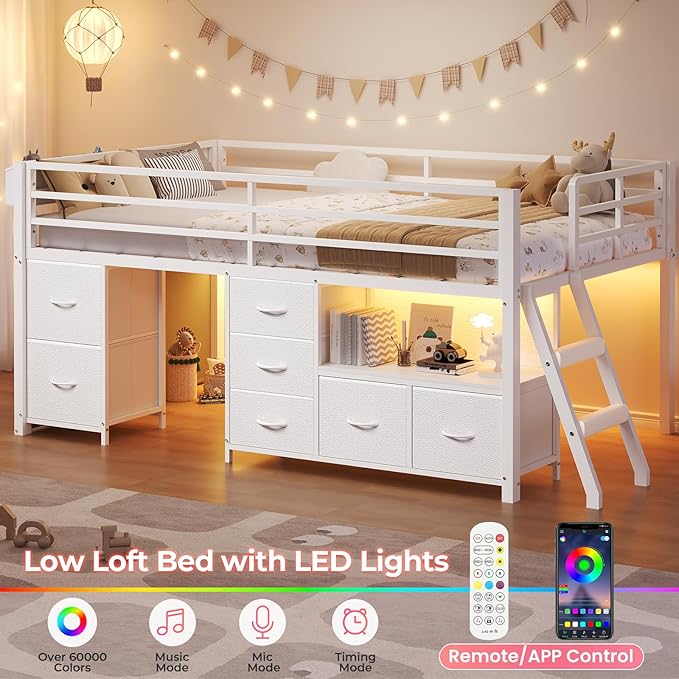 ADORNEVE Low Loft Bed Twin Size with 7 Storage Drawers, Bookcase and LED Lights, Metal Kids Loft Bed with 14" H Safety Guardrail,Inclined Ladder and Play Curtain, Under-Bed Play Space, White