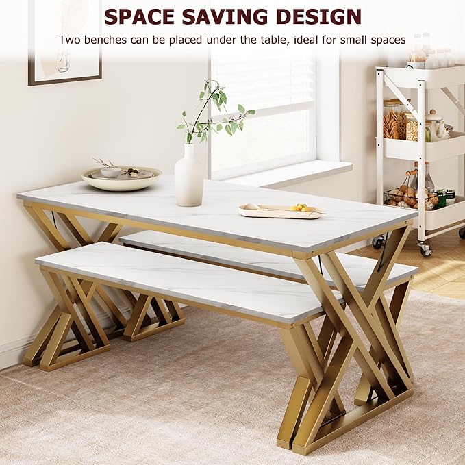 GarveeHome Kitchen Table with 2 Benches, Dining Table Set for 4 with Faux Marble Tabletop, Saving Space Dining Room Table Set for Kitchen, Dining Room, Apartment, Sturdy Metal Frame