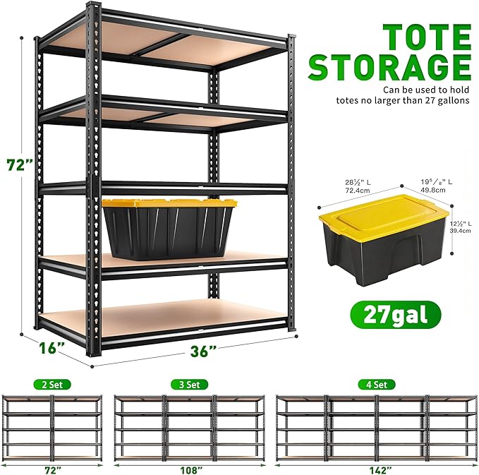 REIBII 5 Tier Garage Shelving Unit,2300LBS Heavy Duty Metal Storage Shelves,Adjustable Boltless Utility Rack Organizer for Basement Garage Pantry Kitchen Laundry Room,Black, 35.5" W x 15.8" D x 72" H