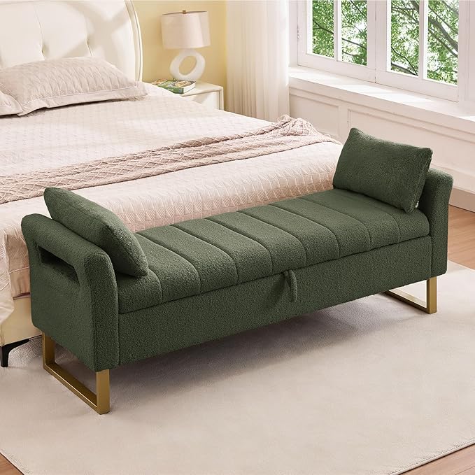 66'' King Size Bedroom Bench with Storage End of Bed, Boucle Bedroom Benches for Foot of Bed with Gold Legs, Teddy Storage Bench with Armrest, Olive Green