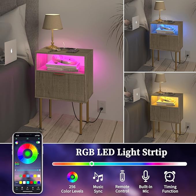 JOONEE Modern Nightstand with Charging Station and LED Lights, White Bedside Table with Drawer, Fluted Side Table for Living Room, Bedroom
