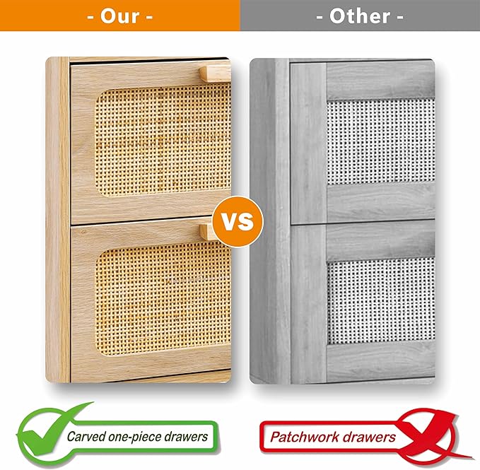 YAUKOMEL Rattan Nightstand, Wood End Table, Side Table with 2 Hand Made Rattan Decorated Drawers,Boho Bedside Table,Wood Accent Table with Storage for Livingroom, Bedroom, Natural CTG59Y