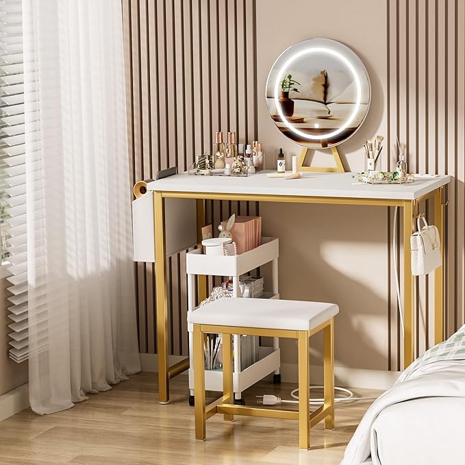 Cheap Makeup Girls Vanity Set with Mirror and Stool and Lights & Power Outlet, White Make Up Dressing Table with Chair, Kids Vanities for Bedroom 40“