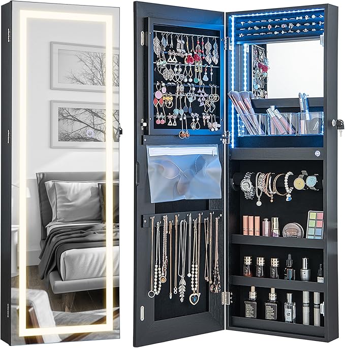 CHARMAID LED Mirror Jewelry Cabinet, Lockable Jewelry Armoire with Adjustable Lighted Full Length Mirror, 3 Lighting Sets, Wall Mounted Door Hanging Jewelry Storage Organizer (Black, 42.5''H)
