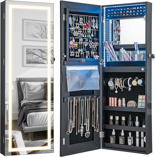 CHARMAID LED Mirror Jewelry Cabinet, Lockable Jewelry Armoire with Adjustable Lighted Full Length Mirror, 3 Lighting Sets, Wall Mounted Door Hanging Jewelry Storage Organizer (Black, 42.5''H)