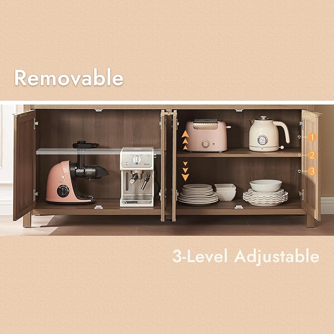 HOKYHOKY Rattan Sideboard Buffet Cabinet, Boho Storage Cabinet with Adjustable Shelf, Farmhouse Credenza Coffee Bar Cabinets with Doors & Drawer for Living Room, Hallway & Kitchen