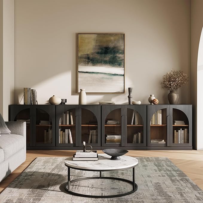 BELLEZE Bijou Set of 4 Wall-to-Wall Storage Cabinets (126" Wide) - Grand Sideboard Buffet System w/8 Arched Glass Doors - Massive Entertainment Center & Display Console for Living Room, Office, Ebony