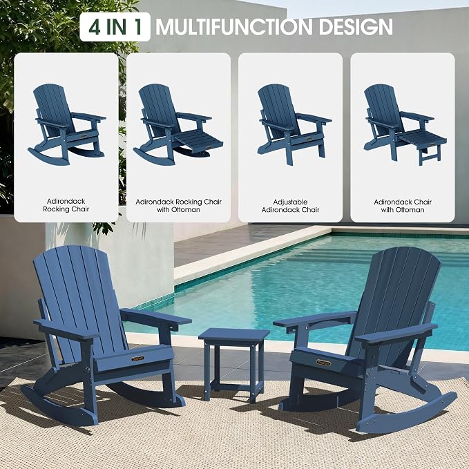 Adjustable Adirondack Rocking Chair Set of 2 with Retractable Ottoman Footrest, 4-in-1 Foldable HDPE Outdoor Rocker, Weather Resistant Adirondack Chair for Porch, Garden & Poolside, Navy Blue