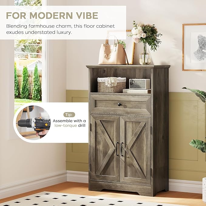 Floor Cabinet, Farmhouse Storage Cabinet with Barn Doors and Drawer, Freestanding Adjustable Shelf Organizer for Bathroom, Kitchen, Living Room Grey