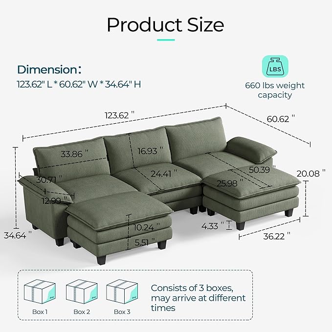 LINSY HOME 123" Modular U-Shaped Sectional Sofa, 3-Seat Corduroy Modern Cloud Couch with Deep Seat & 2 Movable Ottoman, Perfect for Living Room, Office, Bedroom, Green