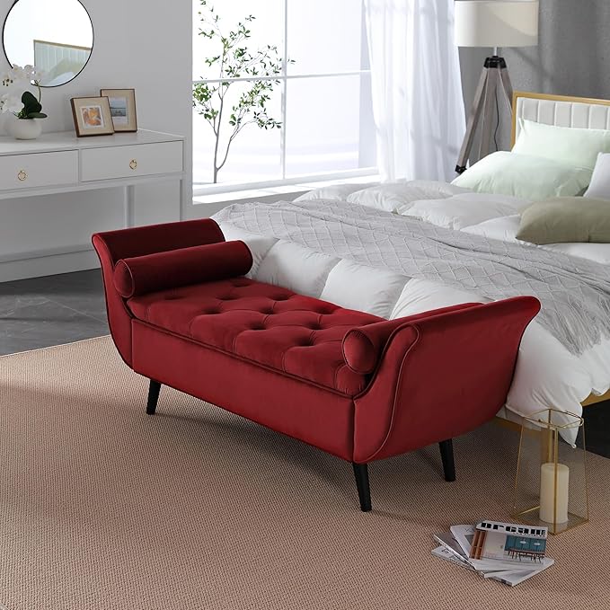 Velvet Storage Bench for Bedroom End of Bed, 65" Upholstered Rolled Armed Button Tufted Stool Bench, Storage Ottoman Long Bench with with 2 Pillows for Entryway (Wine Red)