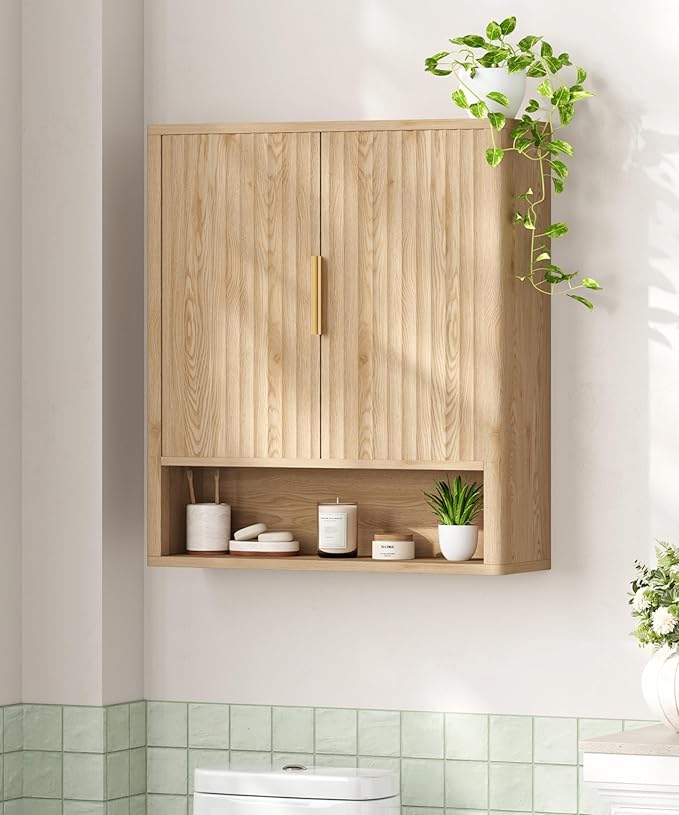27.6"H Bathroom Wall Storage Cabinet with 2 Fluted Doors, Modern Medicine Cabinet with Adjustable Shelf, Curved Over the Toilet Storage Cabinet for Laundry Room, Kitchen & Living Room, Natural Oak