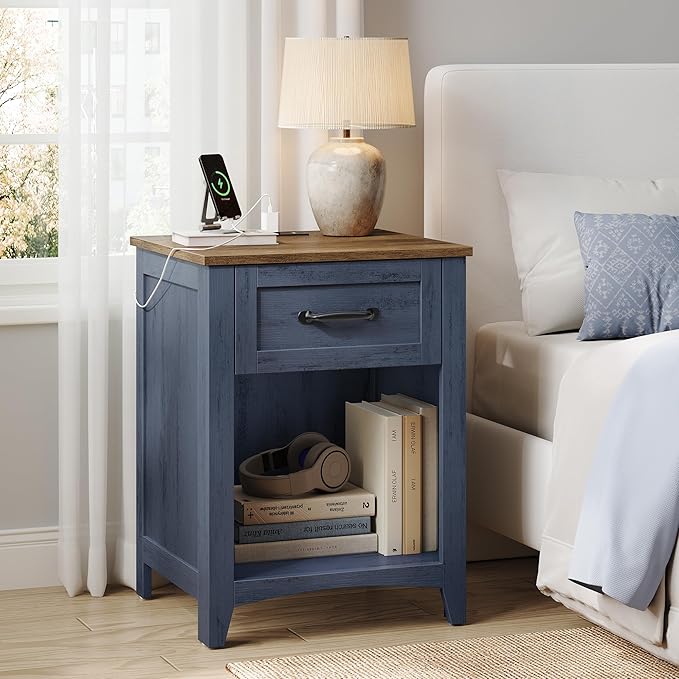 VASAGLE LIRY Collection - Farmhouse Nightstands with Charging Station, Set of 2 Bedside Tables, Side Tables with Drawer, Open Compartment, for Bedroom, Rustic Blue and Honey Brown LET659Q101S-2J