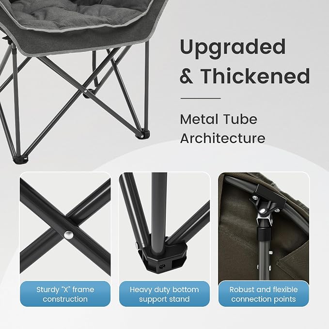 OUTDOOR LIVING SUNTIME Oversized Padded Comfy Camping Chair with Removable Footrest，Weight Capacity 400 LBS, Heavy Duty Moon Round Leisure Folding Chair for Camping, Hiking, Carry Bag, Gray