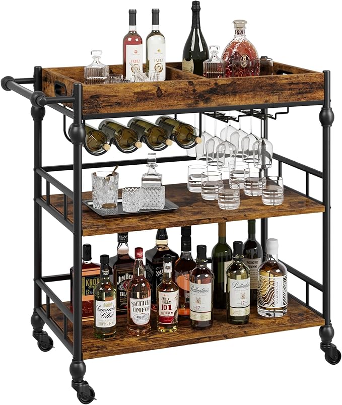 3-Tier Bar Cart with Wheels, Mobile Rolling Beverage Cart with Wine Rack, Glass Holder & Removable Top Tray, Serving Cart, Retro Trolley for Kitchen, Dining Room, Living Room, 35.4" x 15.7" x 34.1"