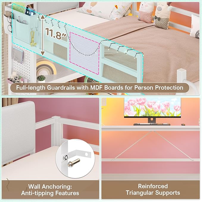BYSAUD Twin Loft Bed with Desk and Storage, Metal Bunk Bed with 5 Drawers and 2 Pegboards, Heavy Duty Loft Bed Twin Size with LED Lights and Charging Station for Teens Adults, Noise Free, White